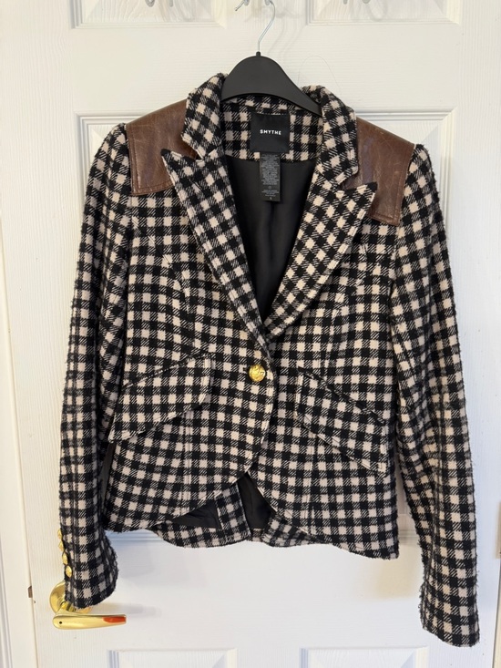 Smythe Jackets & Blazers - Smythe Black & Cream Checked Blazer with Brown Leather Shoulders
